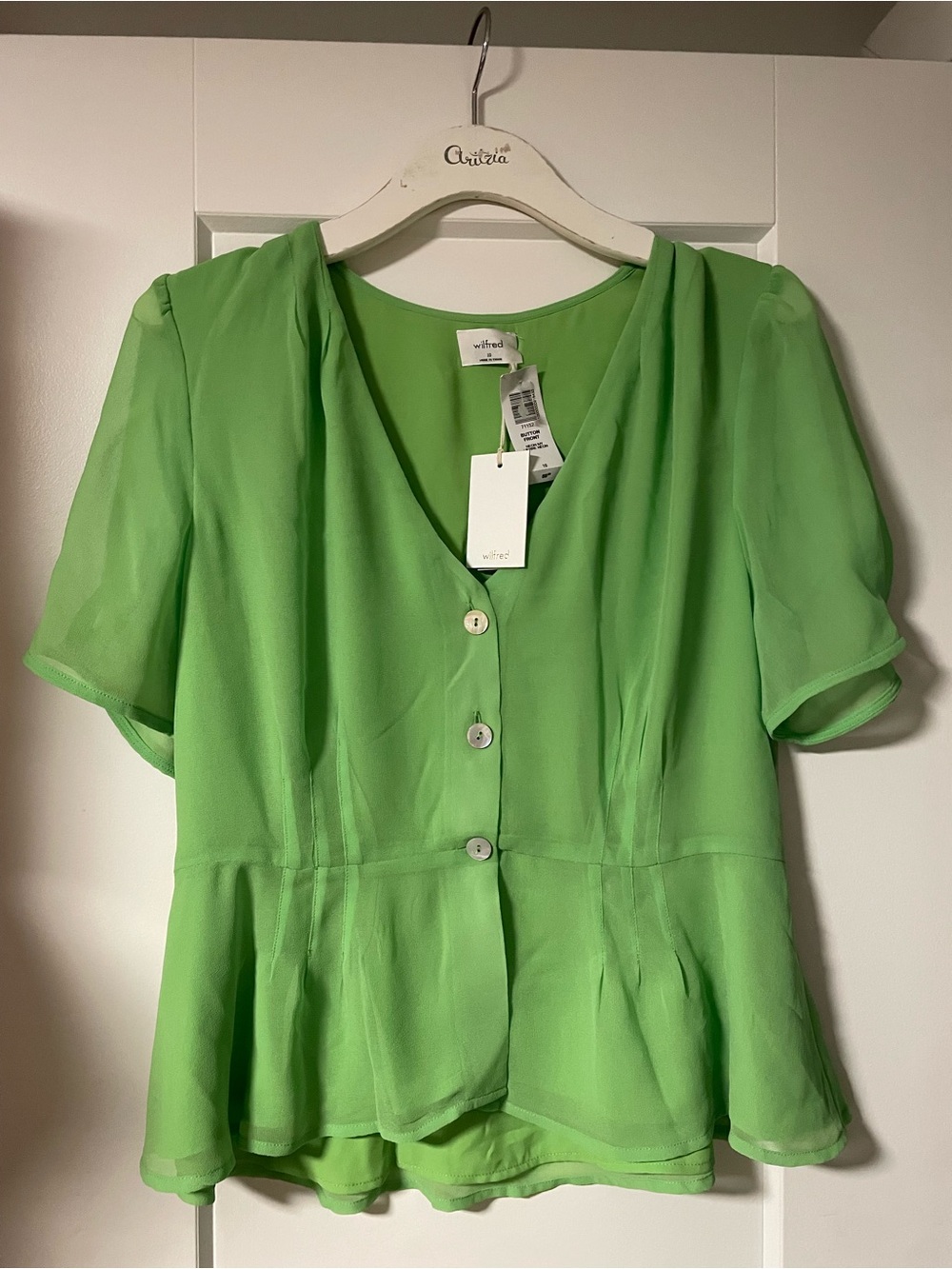 NWT Wilfred Button Front Blouse Green Chiffon Peplum Boho Cottagecore